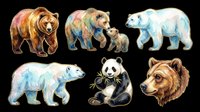 Watercolor bears collection featuring brown grizzly, mother and cub, polar bear, panda, and bear head isolated on transparent background. Ready for t-shirt design, clipart, stickers, sublimation, and print-on-demand products.