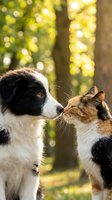 Black and white dog and brown tabby cat face each other outdoors in sunlit forest setting. Pets bonding, friendship, companionship concept for animal care, veterinary, pet adoption marketing.