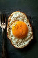 Close-up of crispy fried egg with bright orange yolk and black pepper seasoning on dark background, served with vintage fork. Perfect for food photography.