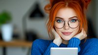 Young woman with bright red hair and glasses smiling while working on tablet device at home office, wearing cozy blue sweater. Casual remote work lifestyle.