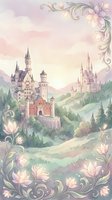 Watercolor fairy tale castle landscape with ornate floral border frame in soft pastel colors for storybook illustration and fantasy design projects.