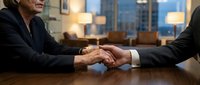 Mature businesswoman and businessman shaking hands at wooden desk in modern office with city skyline view, sealing corporate deal or partnership agreement.