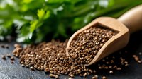 Organic black pepper seeds in wooden scoop on dark stone background with fresh parsley herbs, macro food photography for cooking and seasoning.