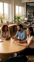 Diverse team of smiling professionals having a casual meeting at a round table in a modern, plant-filled office space.