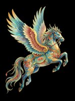 Ornate flying Pegasus with colorful wings and gold details, isolated on transparent background, ready for stickers, t-shirt design, and print on demand.