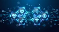 Digital healthcare technology network with medical icons in hexagonal interface on blue background for telemedicine and health innovation concepts.