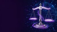 Digital justice scales with glowing neon effects on dark background representing legal technology, law firm services, and modern judicial system concepts.
