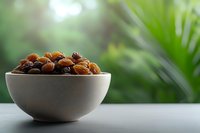 Fresh golden raisins and dark sultanas in white ceramic bowl against blurred tropical green background, healthy dried fruit snack on table.