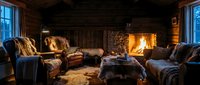Cozy rustic cabin interior with crackling fireplace, leather armchairs and warm lighting creating perfect atmosphere for winter relaxation and comfort.