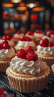 Mini cheesecakes topped with fresh whipped cream and ripe strawberries on cooling rack, close-up view with soft bokeh background lighting creates cozy atmosphere.