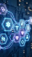 Digital healthcare technology interface with glowing hexagonal medical icons and symbols on blue background for modern medicine and telemedicine applications.