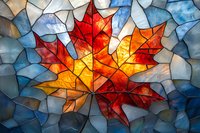 Vibrant red and orange maple leaf in stained glass mosaic style against blue geometric background creates dramatic autumn artistic composition.