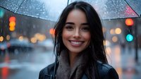Young woman with bright smile holding umbrella in rain, city lights creating bokeh effect background. Natural beauty portrait in urban setting during rainfall.