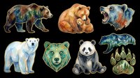 Watercolor bear clipart set isolated on transparent background, featuring grizzly, polar bear, panda, mother with cub, roaring bear, geometric face, and forest paw print for t-shirts, stickers.