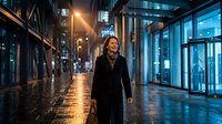 Professional businesswoman walking through modern urban corridor at night with city lights reflecting on wet pavement creating atmospheric corporate scene.