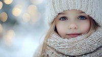 Young Caucasian girl with bright blue eyes wearing cream knitted winter hat and scarf, soft bokeh lights in background creating magical winter atmosphere.