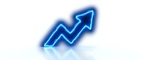 Blue neon upward arrow symbol on white background, representing growth, success, and financial increase for business presentations and marketing materials.