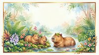 Capybaras resting in water surrounded by lush tropical vegetation, flowers, and foliage. Watercolor illustration suitable for children's books, nursery decor, and educational materials.