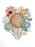 Festive fireworks burst display with ornamental flourishes, lanterns, and decorative stars on isolated white background, suitable for celebration graphics and holiday design projects.