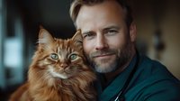 Caucasian man with beard in green sweater holding ginger maine coon cat. Close up portrait showing emotional bond between pet owner and fluffy feline companion.