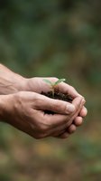 Male hands holding young seedling with soil against blurred green background, representing environmental conservation, sustainable growth, and eco-friendly gardening practices.