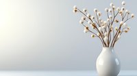 Elegant white ceramic vase with dried cotton stems on minimalist light background, perfect for modern home decor or wellness spa setting.