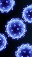 Blue glowing coronavirus cells floating in dark space with detailed spike proteins for medical education and scientific research presentations.