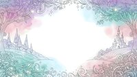 Fairy tale fantasy landscape frame with castles and ornate floral borders in pastel watercolor gradient for storybook design and magical themed projects.