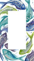 Watercolor fish frame with swimming koi in blue green purple tones, blank white space for text, aquatic border design for invitations and cards.