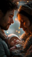 Young parents holding sleeping newborn baby in warm evening light with bokeh effects. Intimate family moment captured in atmospheric golden hour setting.