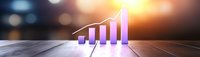 Purple glowing bar graph showing upward trend on wooden surface with blurred bokeh background, demonstrating business growth and success analytics.