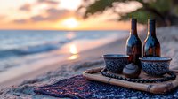 Romantic beach picnic setup with wine bottles and decorative cups against golden sunset over ocean waves, creating serene coastal atmosphere.