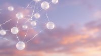 Abstract network connections with glowing nodes against dreamy purple pink sky background for technology and communication concepts.