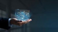 Businessman hand presenting holographic digital interface with futuristic technology icons and data visualization for modern business solutions.