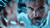 Mature bearded man with intense gaze in dramatic blue lighting, close-up portrait showing determination and confidence against blurred technological background.