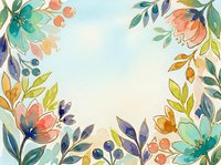 Watercolor floral frame with colorful blooms, berries, and leaves on soft blue background, perfect for cards, invitations, and prints.