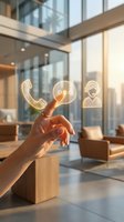Hand touching glowing communication icons in modern office lobby with customer service symbols for business contact and support solutions.