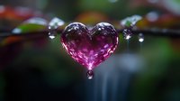 Magical water drop in shape of pink heart suspended from branch with bokeh background, capturing light and creating romantic nature macro photography.