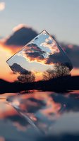Glass prism reflecting vibrant sunset sky with orange clouds and silhouetted trees, creating mirror reflection on water surface at dusk.