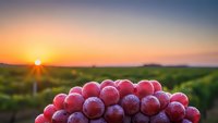 Fresh red grapes with water droplets in vineyard at golden hour sunrise, agricultural harvest concept for wine production and farming industry.