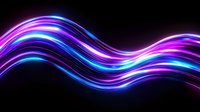 Glowing wavy lines in neon blue and purple colors flowing smoothly across dark background create dynamic abstract light effect for modern design projects.