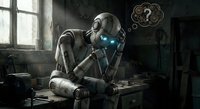 Humanoid robot with glowing blue eyes sits contemplatively in industrial workshop setting, artificial intelligence concept for technology and automation themes.