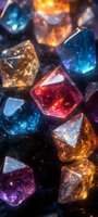 Colorful crystal gems with glowing light effects on dark background. Macro shot of translucent minerals in blue, red, purple and amber tones creating magical atmosphere.
