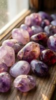 Collection of polished amethyst gemstones in various purple shades scattered on rustic wooden surface with natural sunlight for healing and meditation practices.