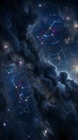 Cosmic nebula with constellation patterns and bright stars in deep space. Dark blue and purple clouds with stellar formations for astronomy and science content.