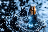 Luxury skincare serum bottle with golden pump surrounded by dynamic water splashes on dark background for premium cosmetic advertising.