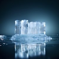 Melting ice block with crystalline structure on reflective surface against dark blue gradient background, creating dramatic lighting effect.