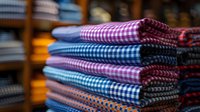 Stack of neatly folded checkered fabric in blue and burgundy colors for clothing and home textiles. Textile store display with gingham pattern materials.