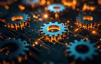 Glowing blue mechanical gears on dark circuit board with orange light effects, representing digital transformation and automated technology processes.