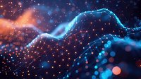 Abstract digital wave with glowing particles and light effects in blue and orange colors against dark background, representing data flow and connectivity in technology.